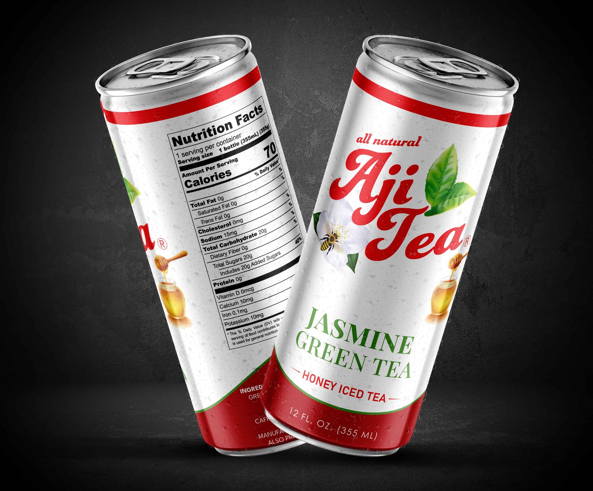 Two cans of Aji Tea Jasmine Green Tea Honey Iced Tea, showing front label and nutrition facts side by side on black background