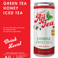 Aji Tea Jasmine Green Tea can next to red promotional banner highlighting no preservatives or artificial sweeteners