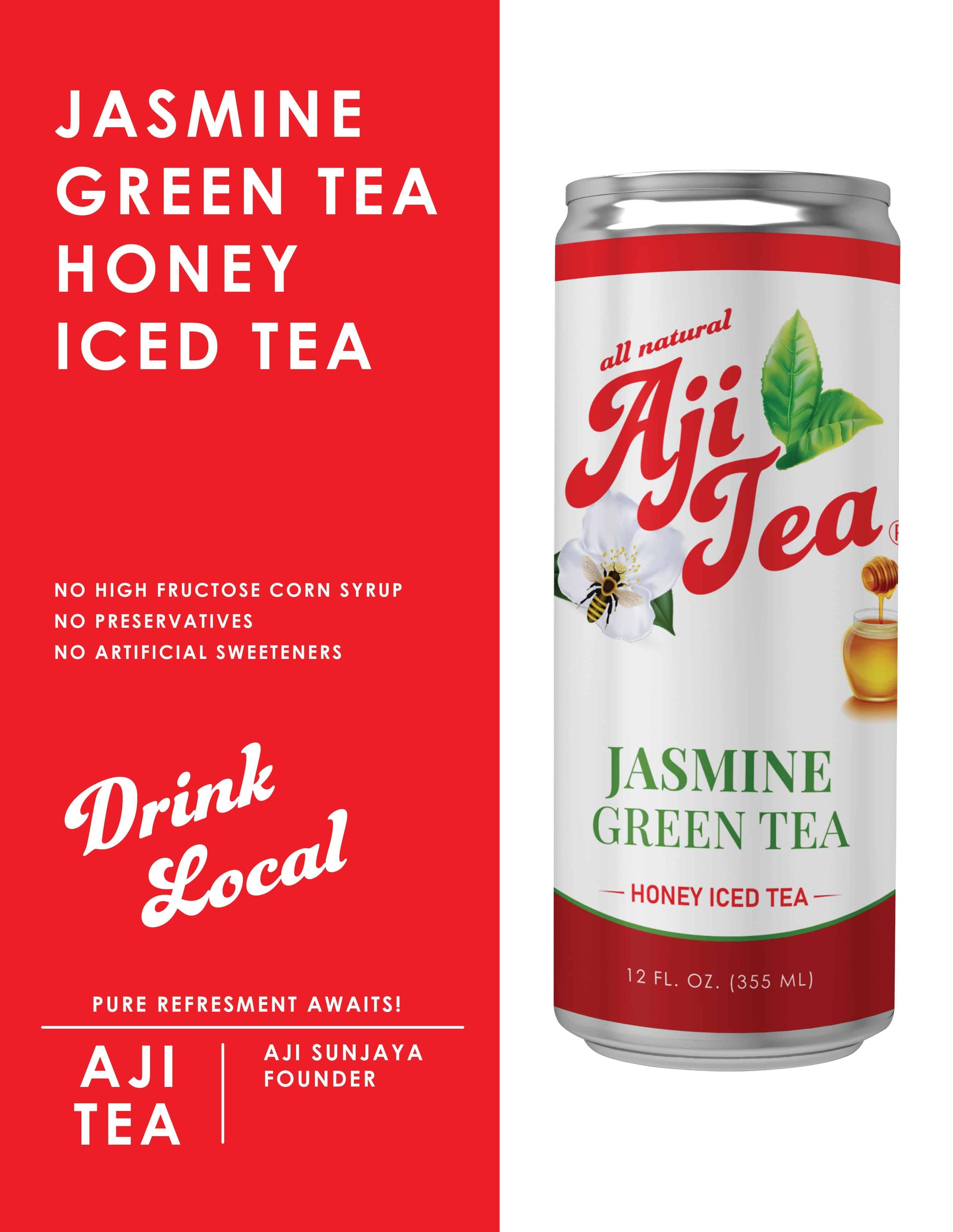 Aji Tea Jasmine Green Tea can next to red promotional banner highlighting no preservatives or artificial sweeteners