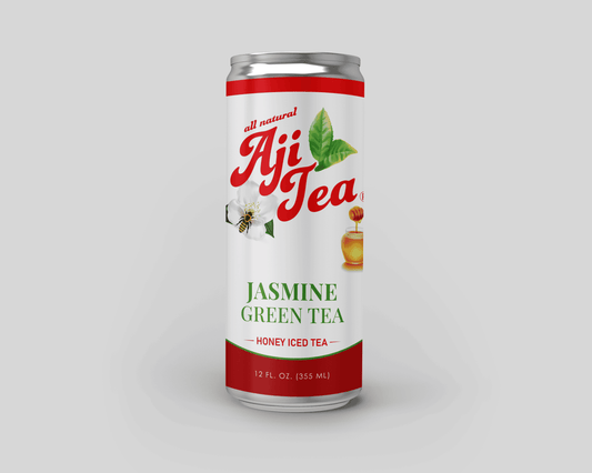 Front-facing Aji Tea Jasmine Green Tea Honey Iced Tea can with floral and honey graphics on white background
