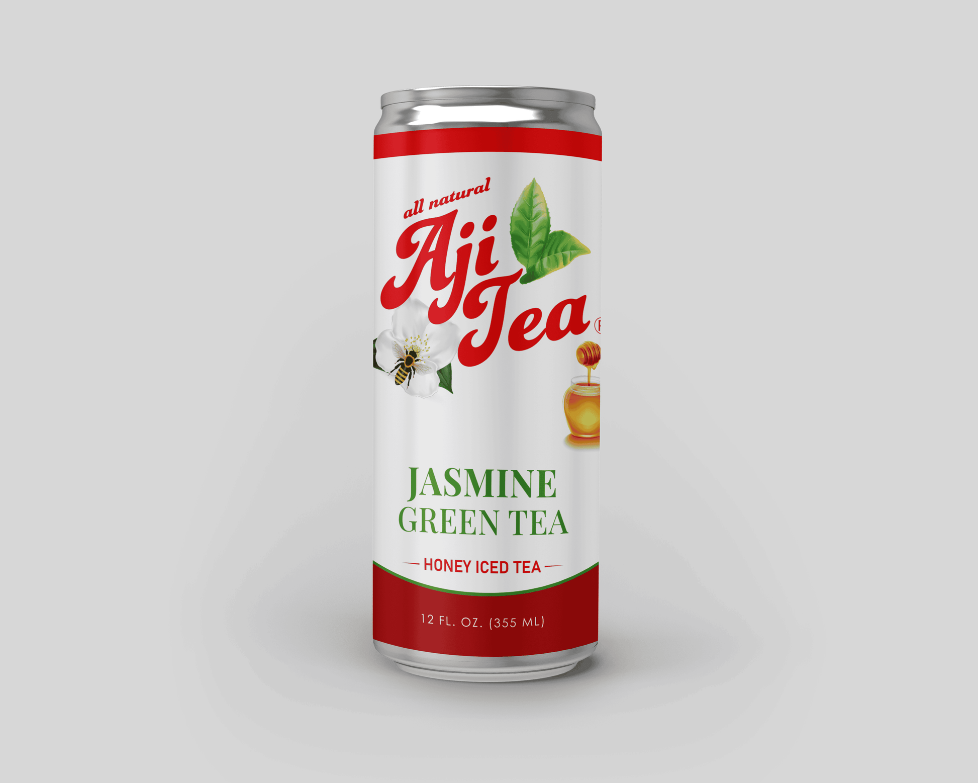Aji Tea Jasmine Green Tea can with honey jar, jasmine flower, and green leaf visuals
