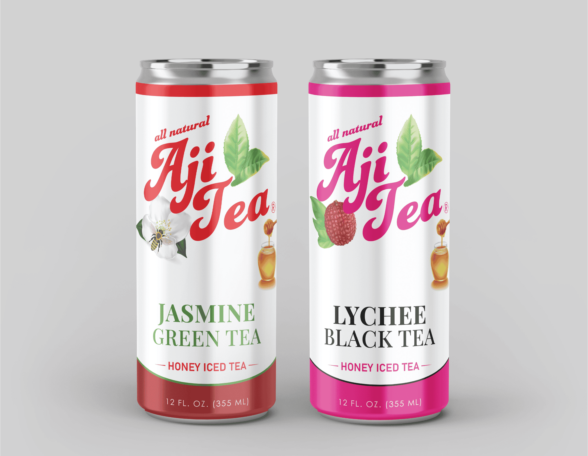 Two Aji Tea cans showing Jasmine Green Tea and Lychee Black Tea flavors with honey and fruit illustrations
